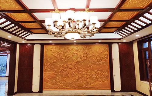 同安中式别墅客厅中式木作横梁吊顶装饰展示